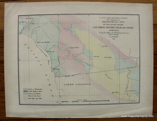 Antique-Hand-Colored-Map-Geological-Map-of-the-Country-Between-San-Diego-and-the-Colorado-River-Geological-Maps-Other-U.S.-City-View-California--1855-U.S.-Pacific-R.R.-Surveys/-W.P.-Blake-Maps-Of-Antiquity