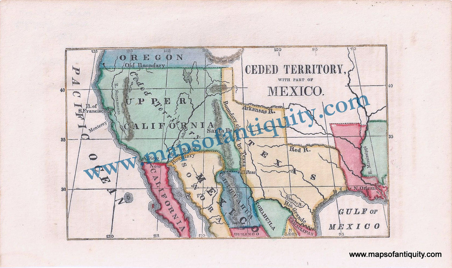 Antique-Hand-Colored-Map-Ceded-Territory-with-part-of-Mexico.-**********-United-States-West-c.-1850-unknown-Maps-Of-Antiquity