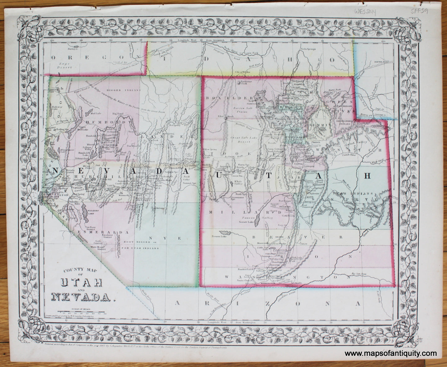 Antique-Hand-Colored-Map-County-Map-of-Utah-and-Nevada-United-States-West-1868-Mitchell-Maps-Of-Antiquity