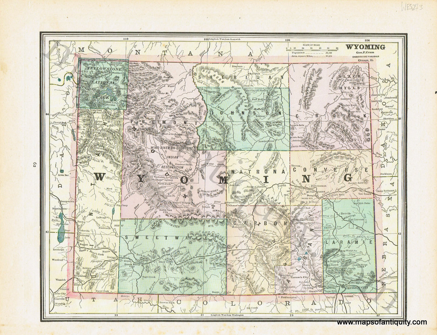 Antique-Printed-Color-Map-Wyoming-verso:-South-Dakota-United-States-West-Mid-West-c.-1885-Cram-Maps-Of-Antiquity