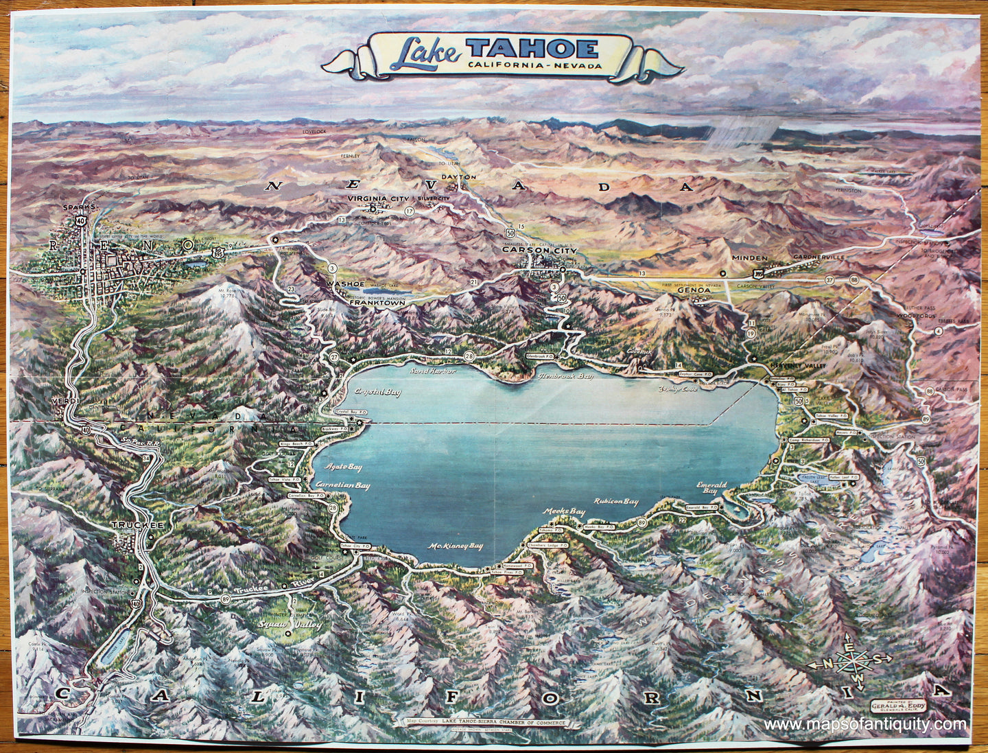 Antique-Printed-Color-Map-Lake-Tahoe-California-Nevada-**********-United-States-West-1957-Sierra-Chamber-of-Commerce-Maps-Of-Antiquity