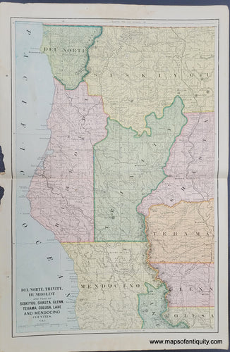 Antique-Map-California-Del-Norte-Trinity-Humboldt-and-Part-of-Siskiyou-Shasta-Glenn-Tehama-Colusa-Lake-Mendocino-Counties-Cal.-County-Home-Library-and-Supply-Association-Pacific-Coast-1892-1890s-1800s-Late-19th-Century-Maps-of-Antiquity-