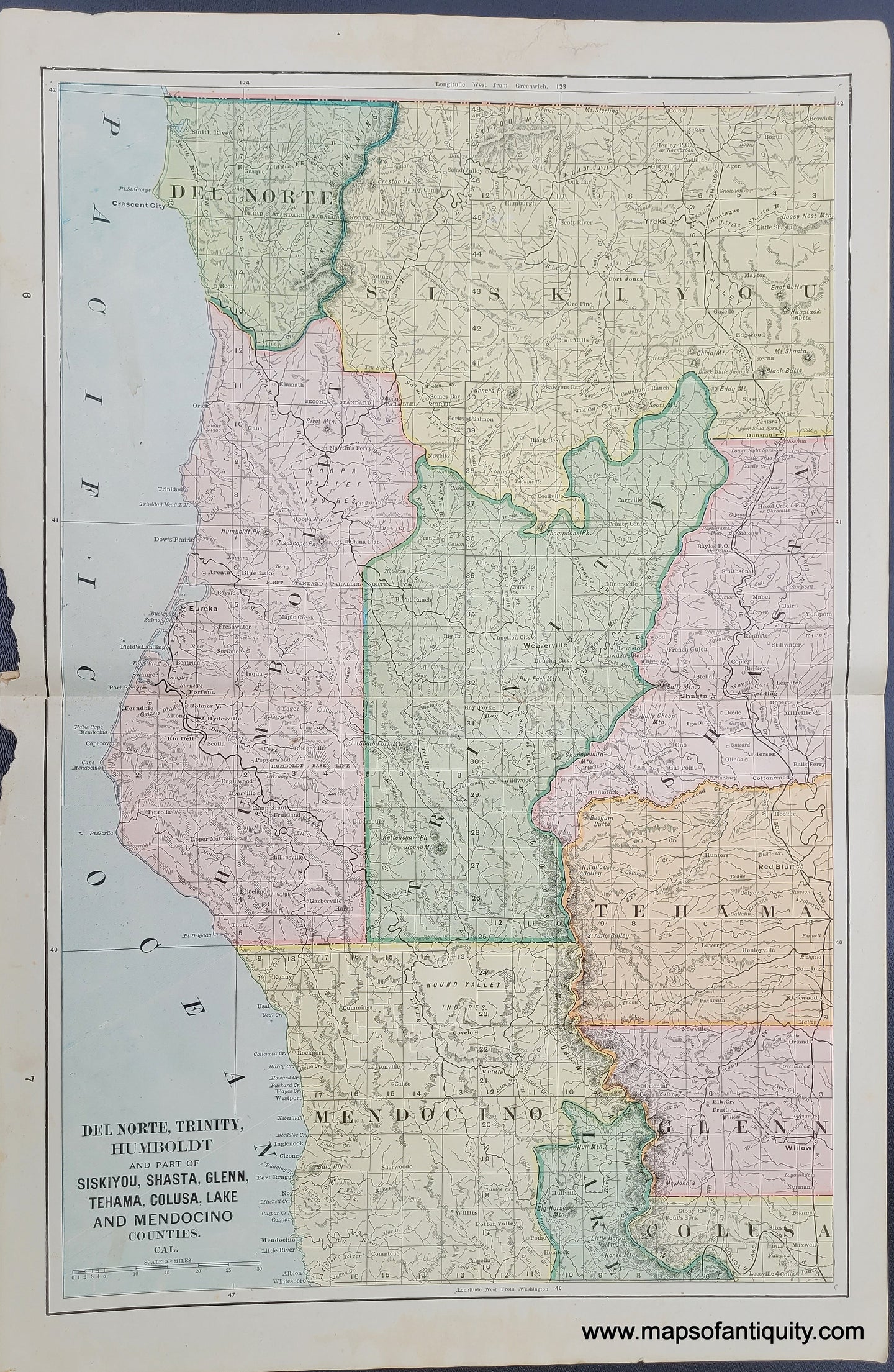 Antique-Map-California-Del-Norte-Trinity-Humboldt-and-Part-of-Siskiyou-Shasta-Glenn-Tehama-Colusa-Lake-Mendocino-Counties-Cal.-County-Home-Library-and-Supply-Association-Pacific-Coast-1892-1890s-1800s-Late-19th-Century-Maps-of-Antiquity-