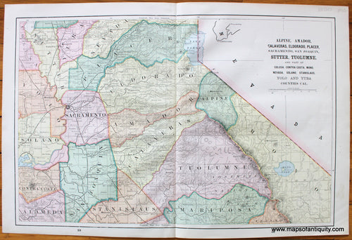Antique-Map-California-Alpine-Amador-Calaveras-Eldorado-Placer-Sacramento-San-Joaquin-Sutter-Tuolumne-and-Part-of-Colusa-Contra-Costa-Mono-Nevada-Solano-Stanislaus-Yolo-and-Yuba-Counties-Cal.-County-Home-Library-and-Supply-Association-Pacific-Coast-1892-1890s-1800s-Late-19th-Century-Maps-of-Antiquity-