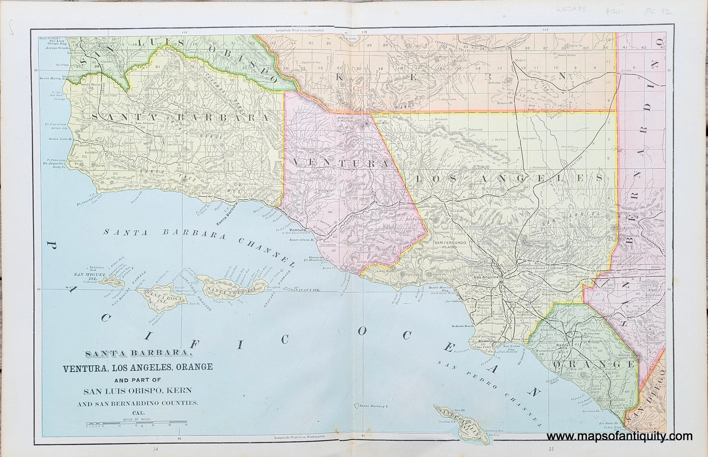 Antique-Map-California-Santa-Barbara-Ventura-Los-Angeles-Orange-and-Part-of-San-Luis-Obispo-Kern-and-San-Bernardino-Counties-Cal.-County-Home-Library-and-Supply-Association-Pacific-Coast-1892-1890s-1800s-Late-19th-Century-Maps-of-Antiquity-