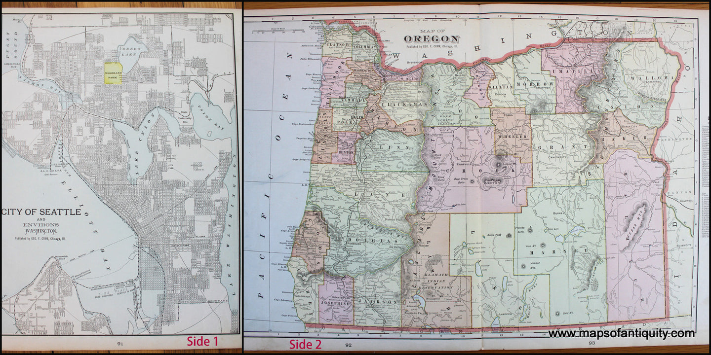 Antique-Map-Seattle-Washington-City-Environs-Oregon-State-Cram-Maps-of-Antiquity