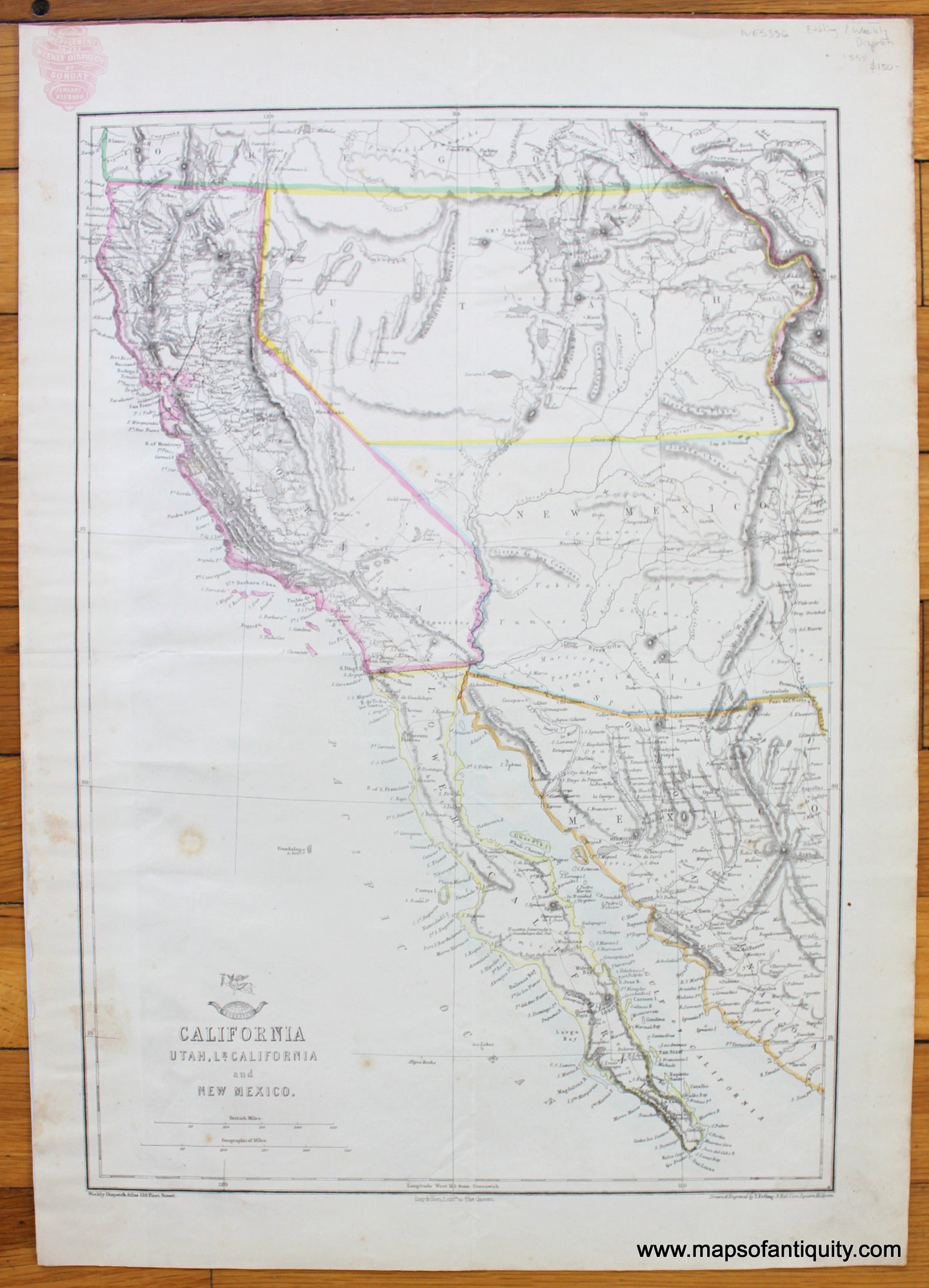 Antique-Hand-Colored-Map-California-Utah-Lr.-California-and-New-Mexico-1858-Ettling/Weekly-Dispatch-West-1800s-19th-century-Maps-of-Antiquity
