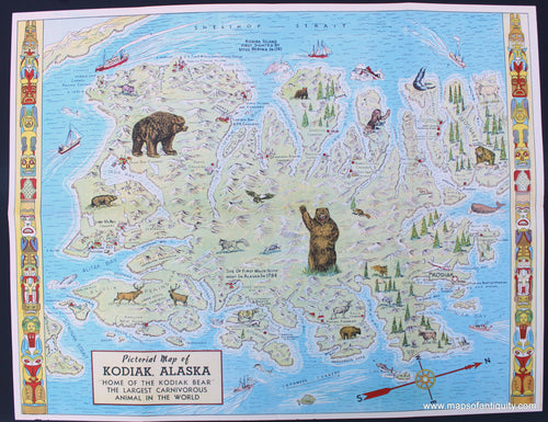 Antique-Printed-Color-Pictorial-Map-Pictorial-Map-of-Kodiak-Alaska--1948-Lowell-E.-Jones-Alaska-1800s-19th-century-Maps-of-Antiquity