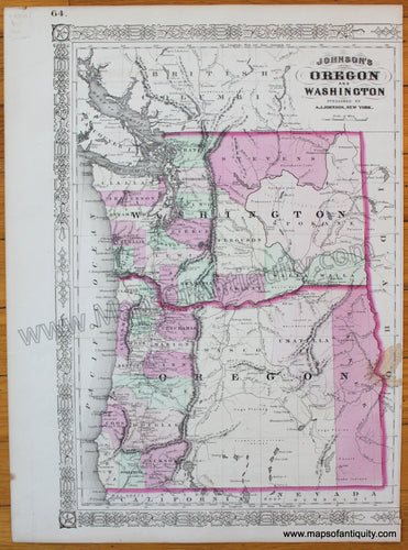 Antique-Hand-Colored-Map-Johnson's-Oregon-and-Washington-&-Johnson's-Minnesota-1866-Johnson-West/Mid-west-Oregon-Washington-Minnesota-1800s-19th-century-Maps-of-Antiquity