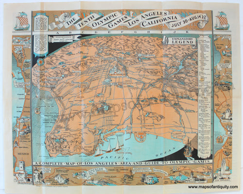 Antique-Printed-Color-Pictorial-Folding-Map-The-Tenth-Olympic-Games-Los-Angeles-California-'32-32-1932-Summer-Olympics-Great-Depression-History-Mary-Hall-Atwood-West-California-Maps-of-Antiquity