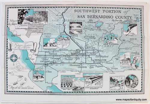 Antique-Printed-Color-Pictorial-Folding-Map-Southwest-Portion-of-San-Bernardino-County-1935-San-Bernardino-County-Chamber-of-Commerce-West-California-1800s-19th-century-Maps-of-Antiquity
