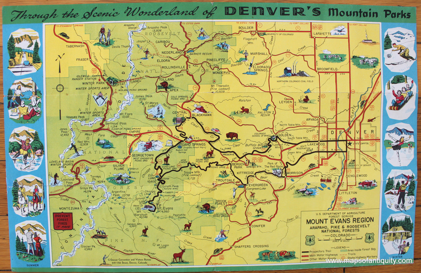 Antique-Printed-Color-Pictorial-Map-Through-the-Scenic-Wonderland-of-Denver's-Mountain-Parks-or-Adventure-Map-Prospectors-Trail-c.-1955-US-Forest-Service-Smith-Brook-Printing-Co.-West-Colorado-1900s-1950s-20th-century-Maps-of-Antiquity
