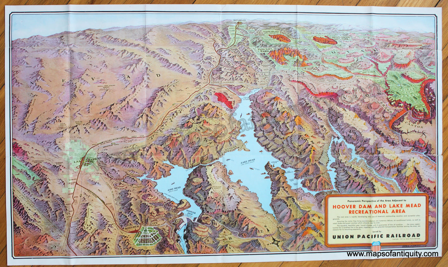 Antique-Printed-Color-Bird's-Eye-View-Map-Panoramic-Perspective-of-the-Area-Adjacent-to-Hoover-Dam-and-Lake-Mead-Recreational-Area-1947-Gerald-A.-Eddy-Union-Pacific-Railroad-West-1940s-1900s-20th-century-Maps-of-Antiquity