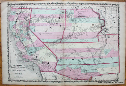 Antique-Map-Johnson's-California-Territories-New-Mexico-Arizona-Colorado-Nevada-Utah-1860-Johnson-Browning-US-United-States-West-1860s-1800s-19th-century