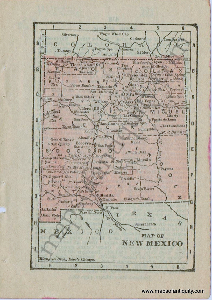 Antique-Printed-Color-Miniature-Map-Miniature-Map-of-New-Mexico-1888-Blomgren-Bros.-Engravers-West-New-Mexico-1800s-19th-century-Maps-of-Antiquity