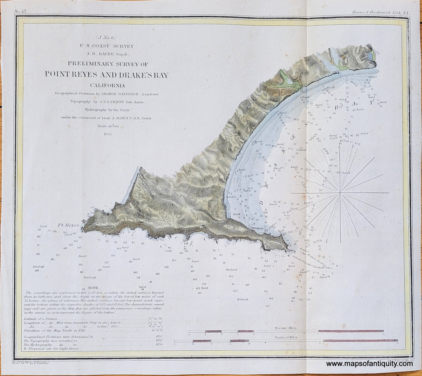 Antique-hand-colored-Coast-Chart-Preliminary-Survey-of-Point-Reyes-and-Drake's-Bay,-California-1855-USCS-West-California-1800s-19th-century-Maps-of-Antiquity