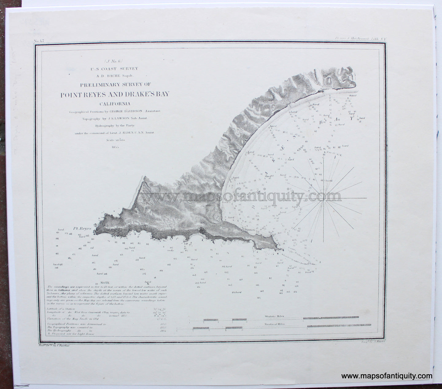 Antique-Uncolored-Coast-Chart-Preliminary-Survey-of-Point-Reyes-and-Drake's-Bay,-California-1855-USCS-West-California-1800s-19th-century-Maps-of-Antiquity