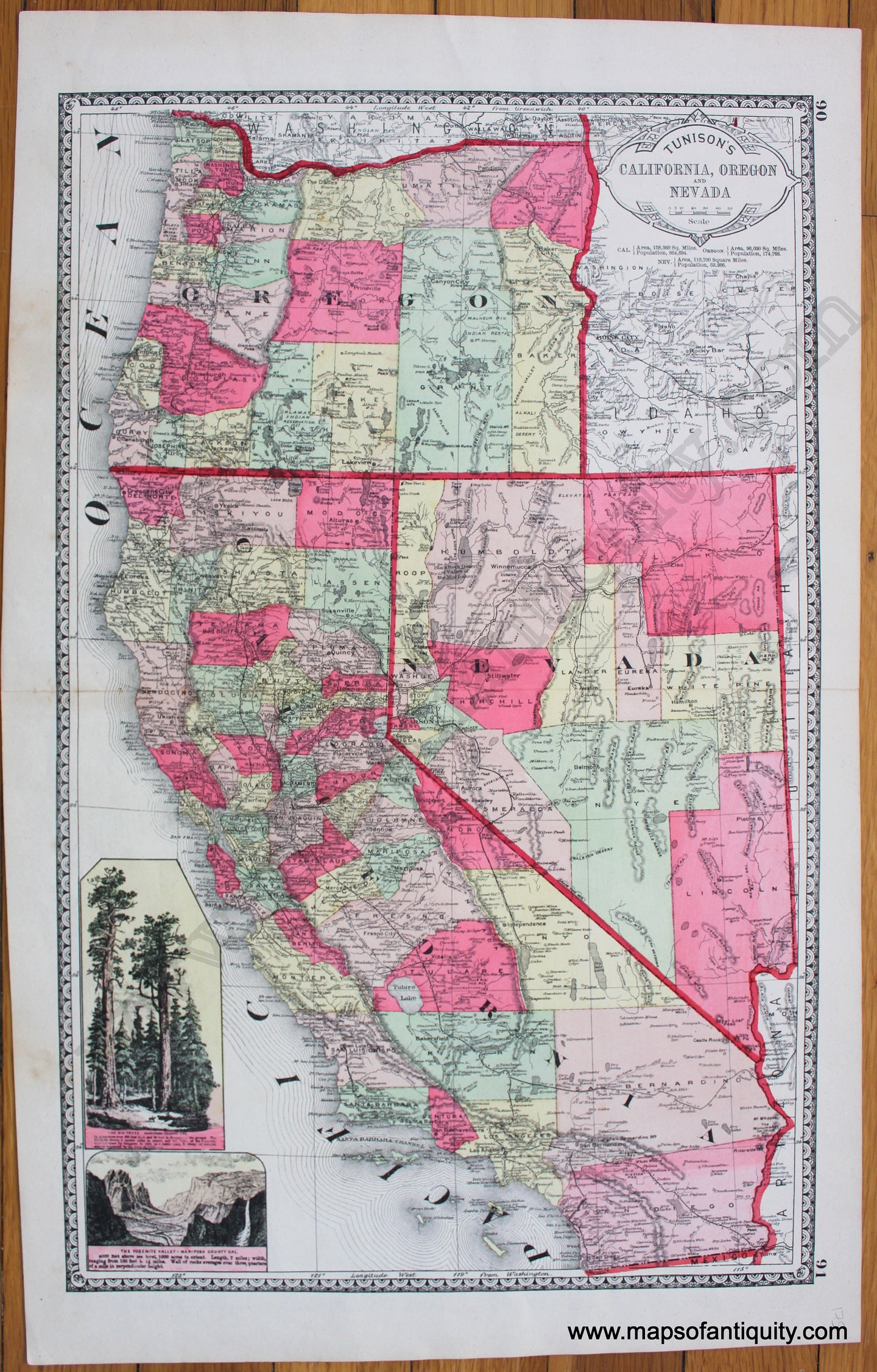 Antique-Printed-Color-Map-Tunison's-California-Oregon-and-Nevada;-verso:-Colorado-Arizona-c.-1885-Tunison-West-California-1800s-19th-century-Maps-of-Antiquity