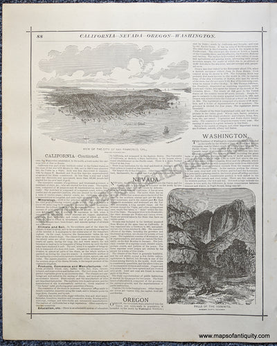 Antique-Print-Atlas-Page-with-Prints:-View-of-the-City-of-San-Francisco-Cal.-And-Falls-of-Yosemite.--Verso:-Yellowstone-the-Grand-Canyon-Cities-in-the-Cliffs-United-States-West-1888-Tunison-Maps-Of-Antiquity-1800s-19th-century