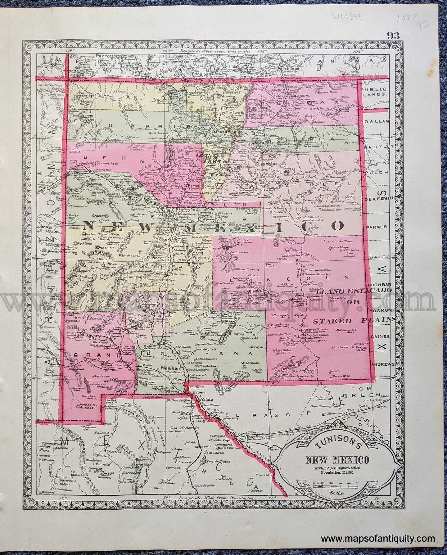 Antique-Map-Tunison's-New-Mexico;-verso:-Tunison's-Utah-Territory-and-Tunison's-Washington-Territory-United-States-West-1888-Tunison-Maps-Of-Antiquity-1800s-19th-century