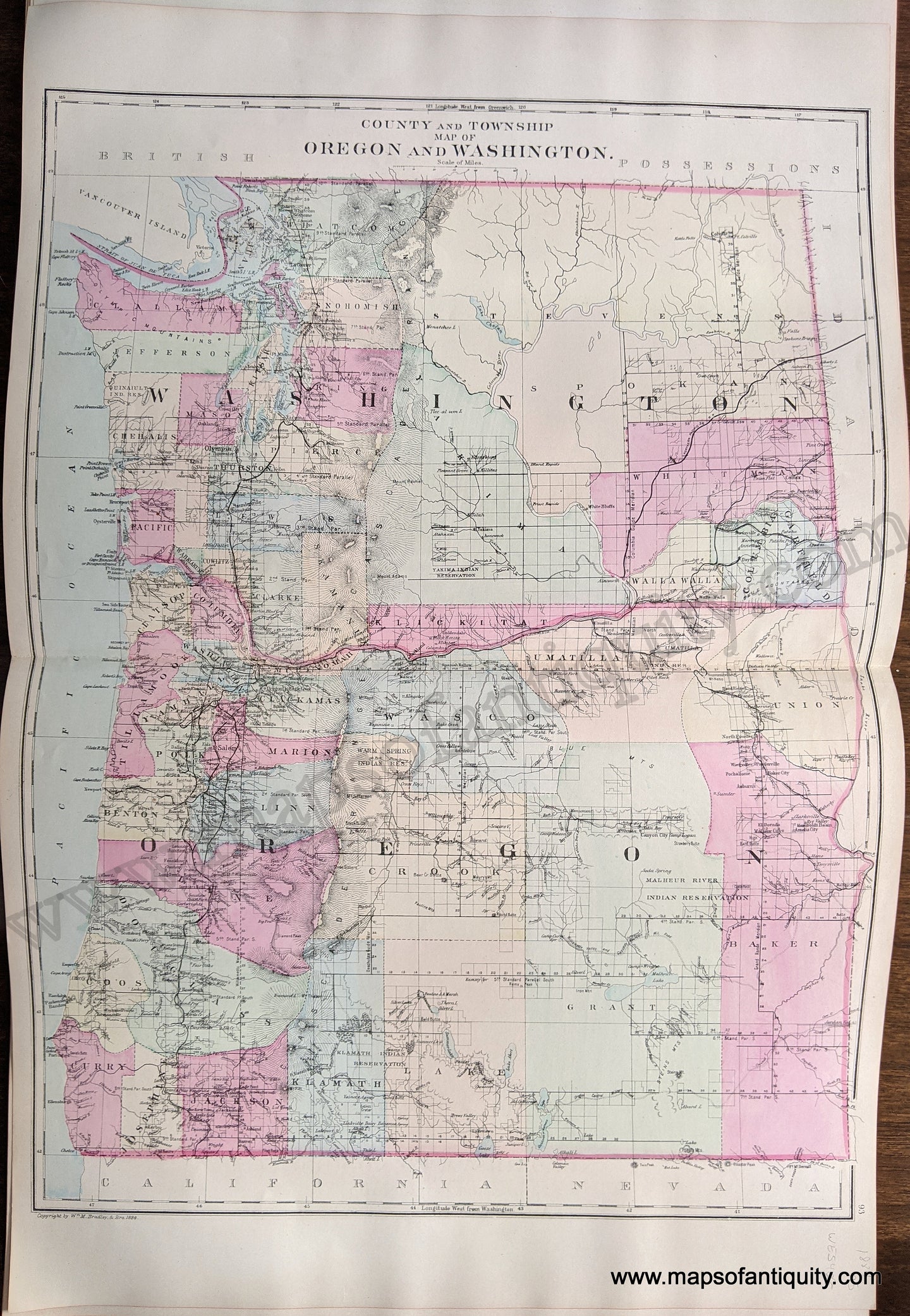 Antique-Hand-Colored-Map-County-and-Township-Map-of-Oregon-and-Washington-United-States-West-1884-Mitchell-Maps-Of-Antiquity-1800s-19th-century