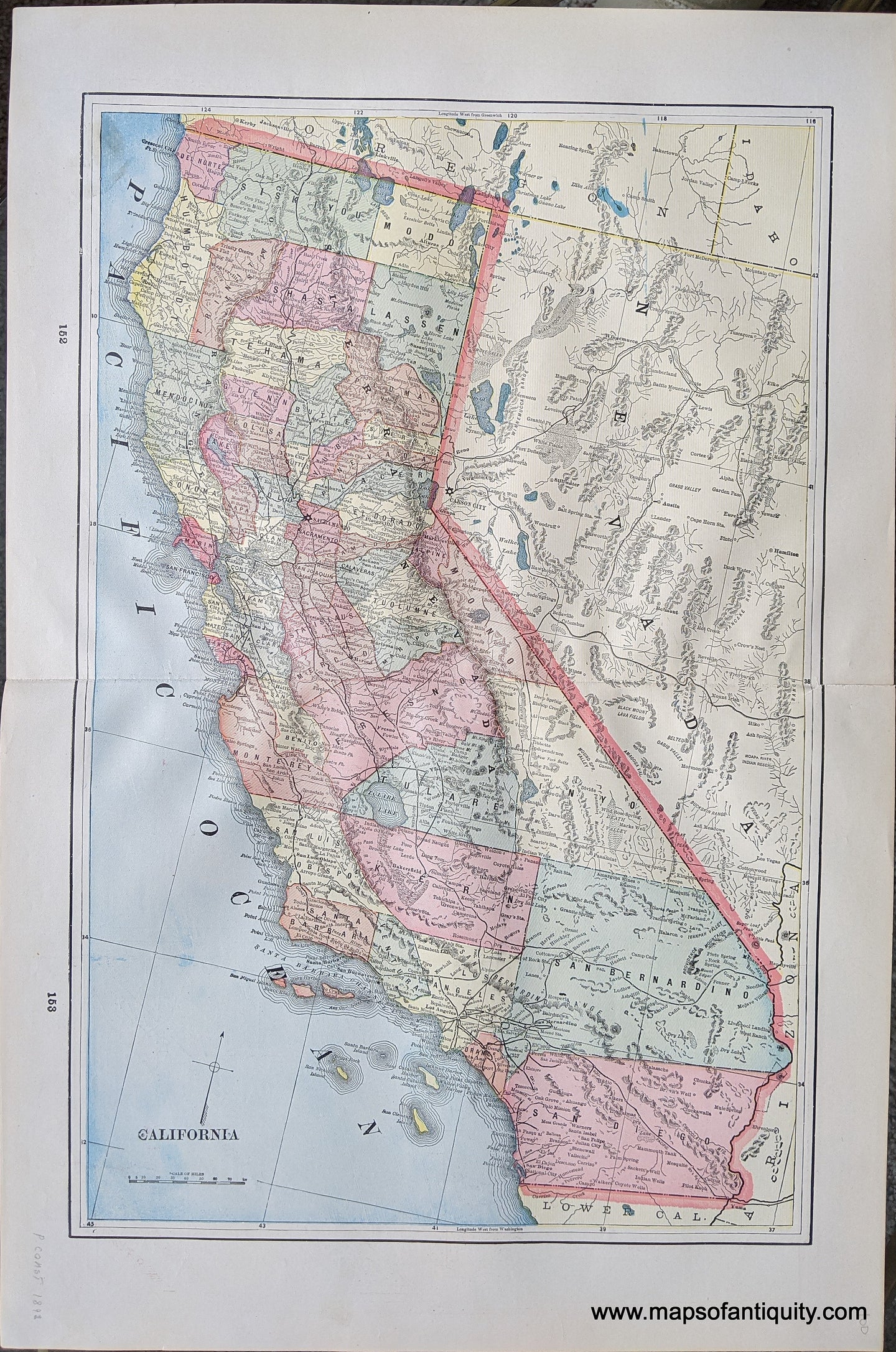 Genuine-Antique-Printed-Color-Comparative-Chart-California;-versos:-Idaho-Nevada-United-States-West-1892-Home-Library-&-Supply-Association-Maps-Of-Antiquity-1800s-19th-century