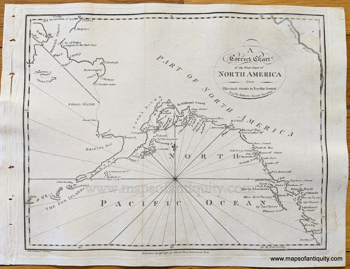 Genuine-Antique-Map-A-Correct-Chart-of-the-West-Coast-of-North-America-from-Bhering's-Straits-to-Nootka-Sound--United-States-West-1795-Malham's-Naval-Gazetteer-Maps-Of-Antiquity-1800s-19th-century