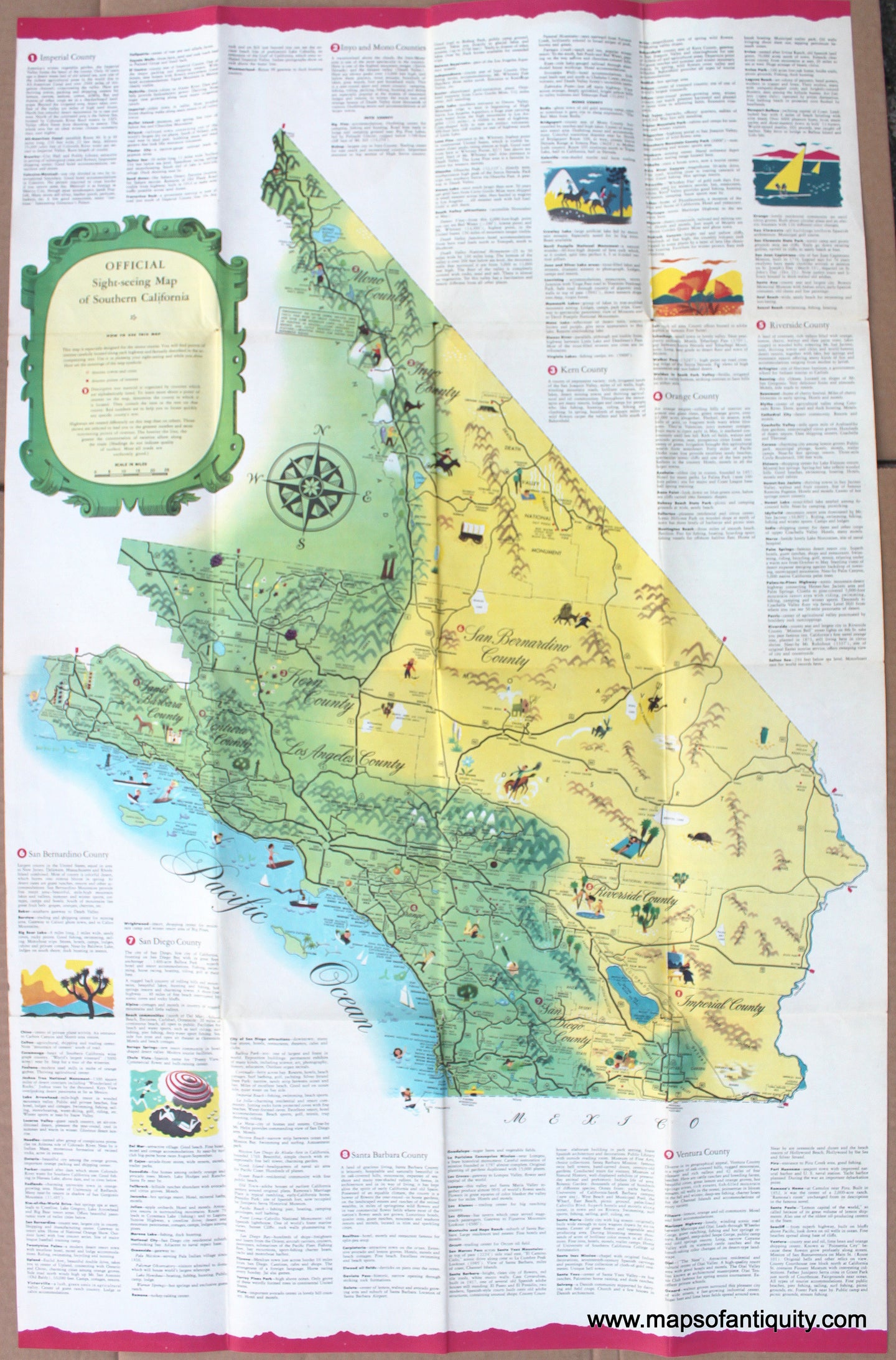 Genuine-Antique-Folding-Map-Official-Sight-Seeing-Map-of-Southern-California-1947-All-Year-Club-of-Southern-California-Maps-Of-Antiquity-1800s-19th-century