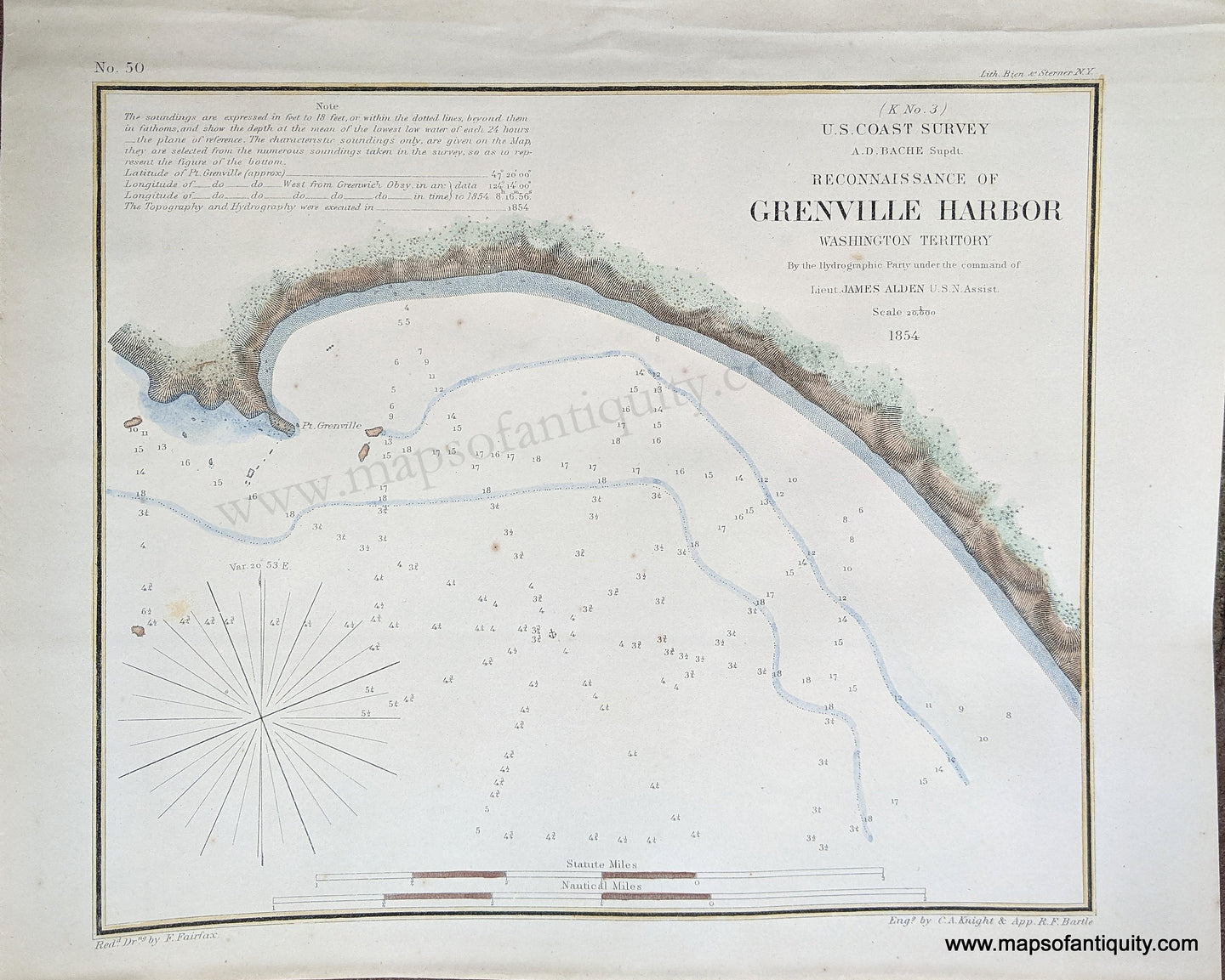 Genuine-Antique-Coast-Survey-Chart-Reconnaissance-of-Grenville-Harbor-Washington-Territory-1854-US-Coast-Survey-Maps-Of-Antiquity-1800s-19th-century