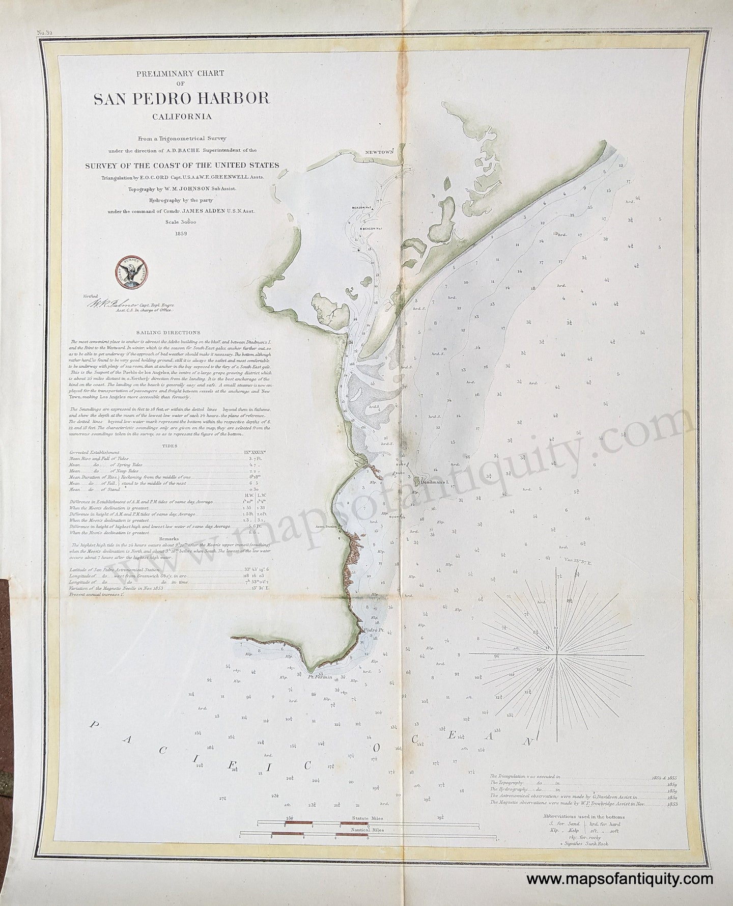 Genuine-Antique-Coast-Survey-Chart-Preliminary-Chart-of-San-Pedro-Harbor-California-1859-US-Coast-Survey-Maps-Of-Antiquity-1800s-19th-century