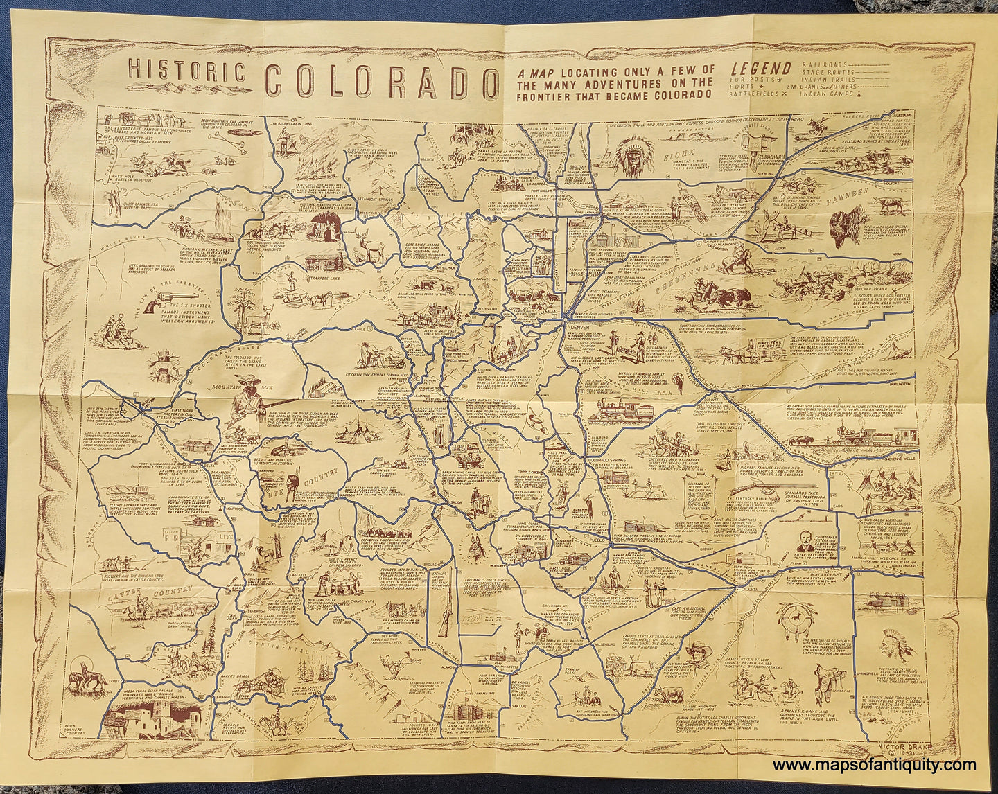 Genuine-Antique-Map-Historic-Colorado-1942-Victor-Drake-Maps-Of-Antiquity