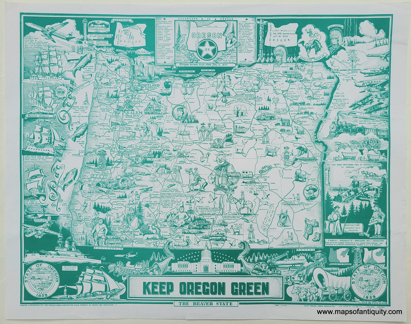 Genuine-Vintage-Map-Keep-Oregon-Green-1962-N-J-Hayes-Maps-Of-Antiquity