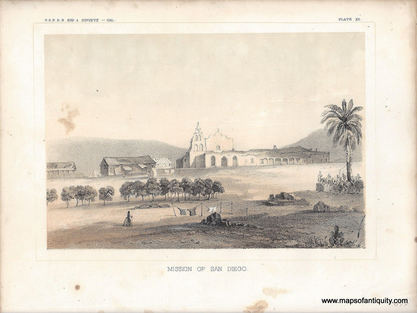 Genuine-Antique-Print-Mission-of-San-Diego-c-1860-USPRR-Exp---Surveys-Maps-Of-Antiquity