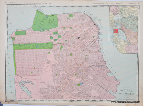 Antique printed color map published in Rand-McNally's 1912 New Commercial Atlas. Large centerfold map of San Francisco, that shows roads, railroads, streetcar lines, parks, notable buildings and institutions, such as the Lick Old Ladies Home. Inset map of San Francisco and Vicinity. 