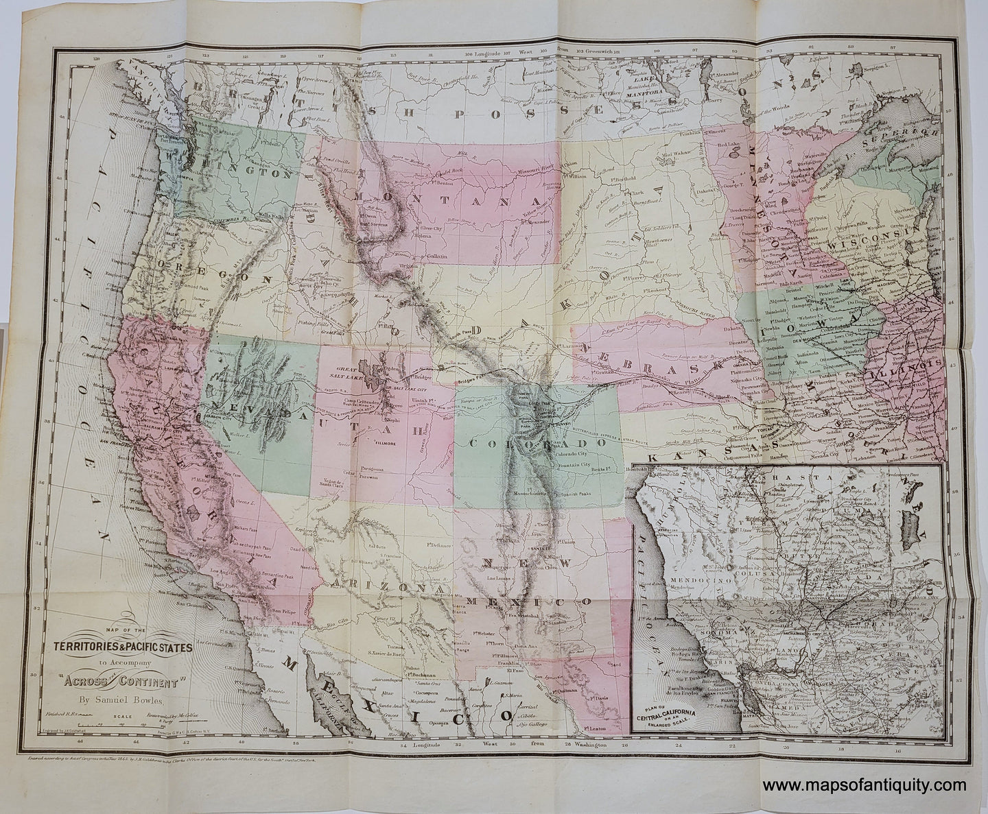 Genuine-Antique-Map-Map-of-the-Territories-Pacific-States-to-Accompany-Across-the-Continent-by-Samuel-Bowles-1865-Colton-Maps-Of-Antiquity