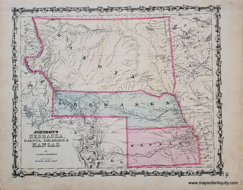 Genuine-Antique-Map-Johnsons-Nebraska-Dakota-Colorado-&-Kansas-Kansas-Nebraska-North-Dakota-South-Dakota-Montana-Wyoming-Colorado-1861-Johnson-Browning-Maps-Of-Antiquity-1800s-19th-century