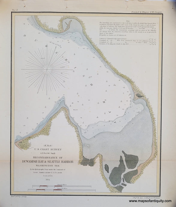 Genuine-Antique-Chart-Reconnaissance-of-Duwamish-Bay-Seattle-Harbor-Washington-Ter--K-No-6--Washington-Coastal-Report-Charts--1854-US-Coast-Survey-Maps-Of-Antiquity-1800s-19th-century