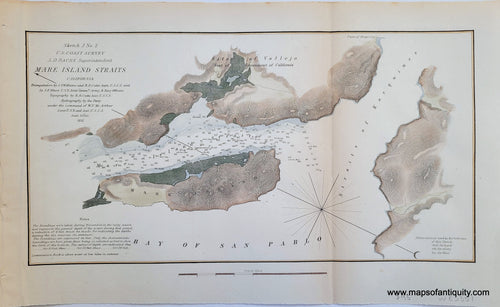 Genuine-Antique-Chart-Sketch-J-No-2-Mare-Island-Straits-California-California-Coastal-Report-Charts--1851-US-Coast-Survey-Maps-Of-Antiquity-1800s-19th-century