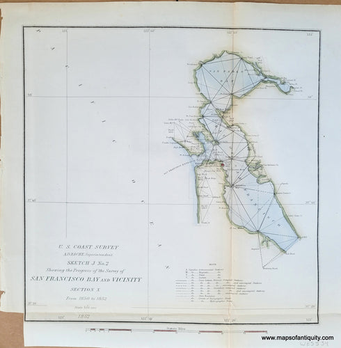 Genuine-Antique-Chart-Sketch-J-No-2-Survey-of-San-Francisco-Bay-and-Vicinity-Section-X-From-1850-to-1852-California-Coastal-Report-1852-US-Coast-Survey-Maps-Of-Antiquity-1800s-19th-century