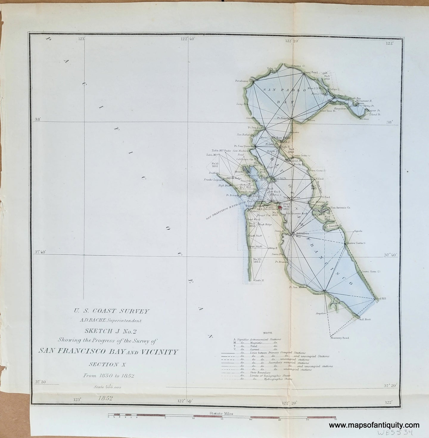 Genuine-Antique-Chart-Sketch-J-No-2-Survey-of-San-Francisco-Bay-and-Vicinity-Section-X-From-1850-to-1852-California-Coastal-Report-1852-US-Coast-Survey-Maps-Of-Antiquity-1800s-19th-century