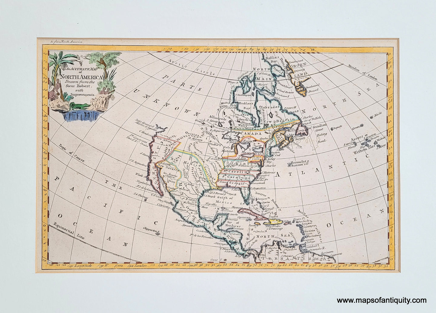 Genuine-Antique-Map-An-Accurate-Map-of-North-America-Drawn-from-the-Sieur-Robert-with-Improvements-1762-Rollos-after-Vaugondy-British-Colonies-united-states-Maps-Of-Antiquity
