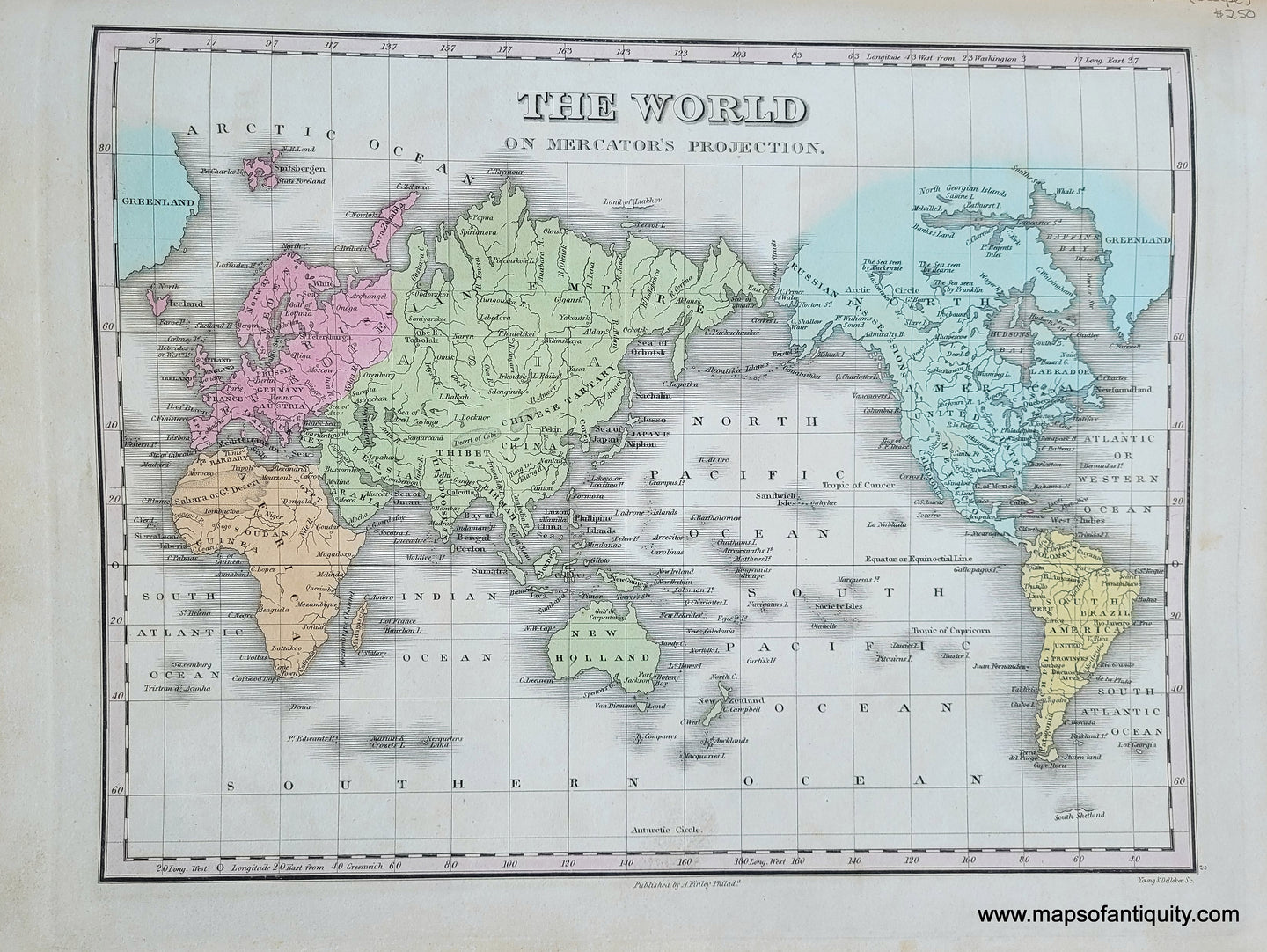 Antique-Hand-Colored-Map-The-World-on-Mercator's-Projection.-World---1824-1820s-1800s-19th-century-Anthony-Finley-Maps-Of-Antiquity