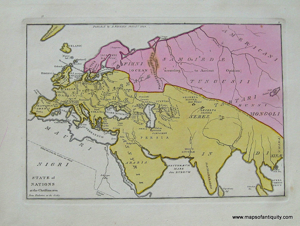 Antique-Hand-Colored-Map-State-of-Nations-at-the-Christian-Era-World--1827-Anthony-Finley-Maps-Of-Antiquity