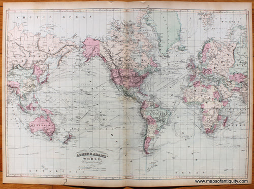 Antique-Map-World-On-Mercator's-Projection-Asher-&-Adams'-Adams-1873-1870s-1800s-Mid-Late-19th-Century-Maps-of-Antiquity