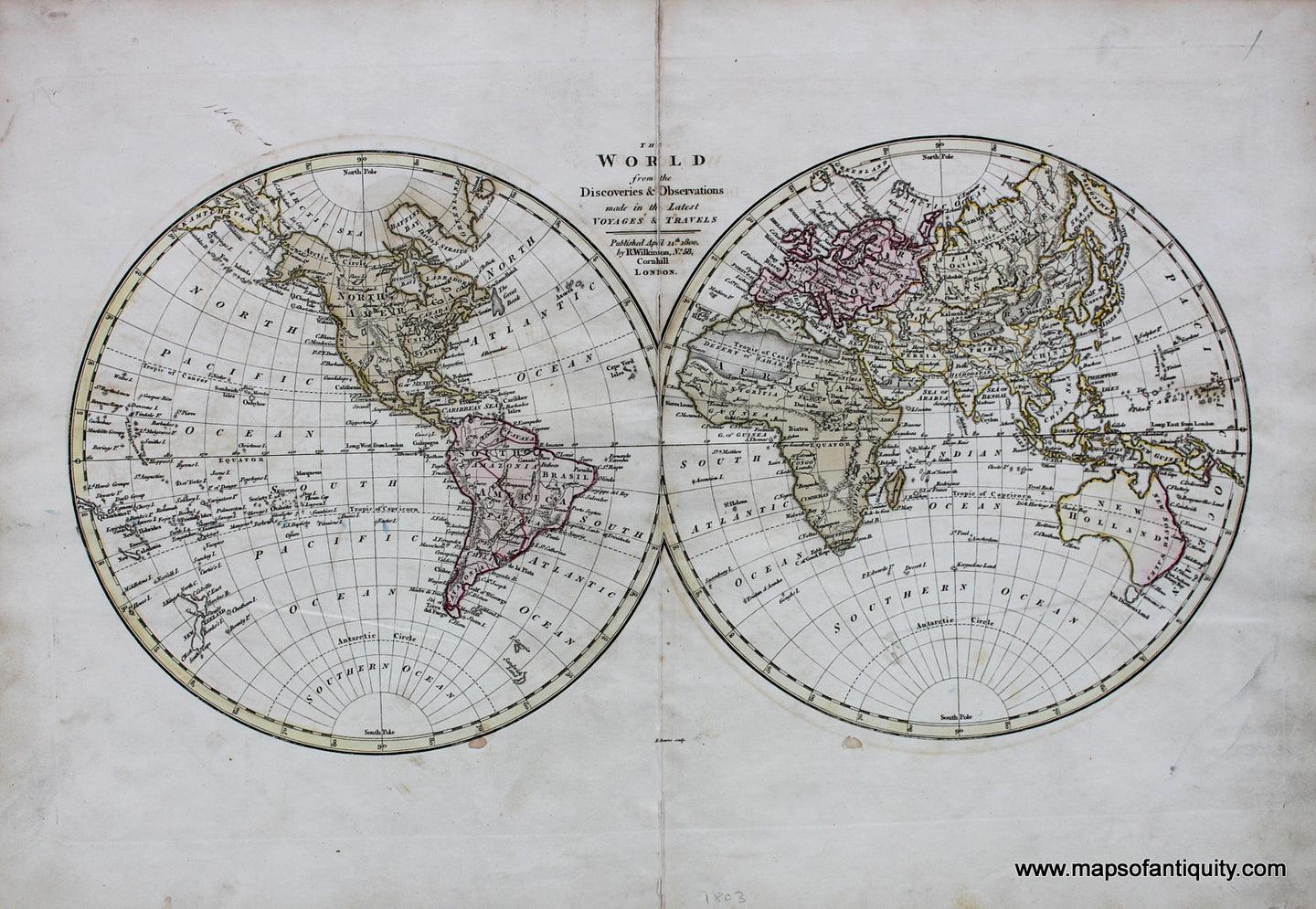Antique-Hand-Colored-Map-The-World-from-the-Discoveries-&-Observations-made-in-the-Latest-Voyages-&-Travels-April-14th-1800**********-World--1803-Wilkinson-Maps-Of-Antiquity