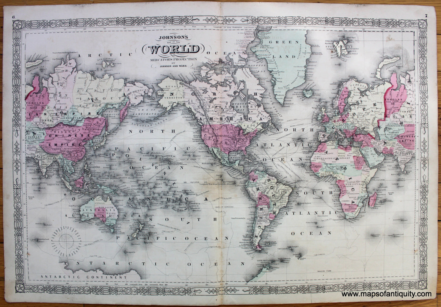 Antique-Hand-Colored-Map-Johnson's-Map-of-the-World-on-Mercator's-Projection-******-World--1864-Johnson-Maps-Of-Antiquity