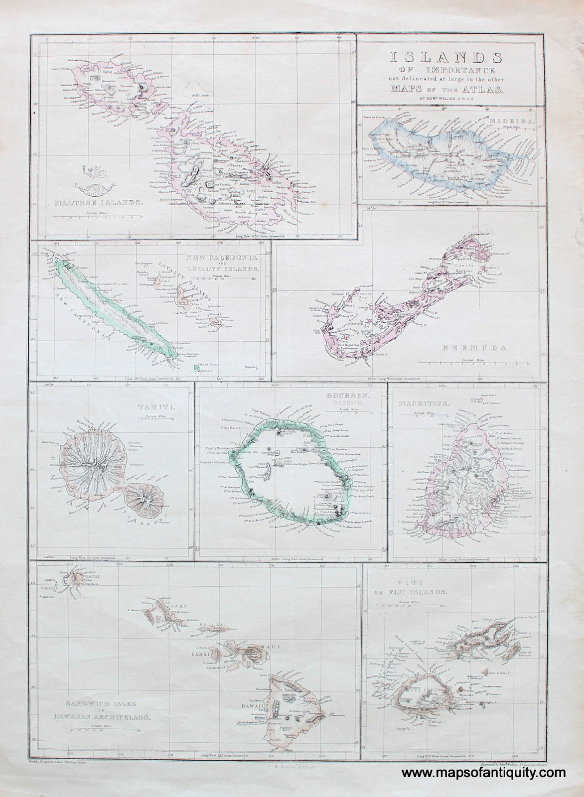 Antique-Hand-Colored-Map-Islands-of-Importance-not-delineated-at-large-in-the-other-Maps-of-the-Atlas.**********-World--1863-Edward-Weller-Maps-Of-Antiquity