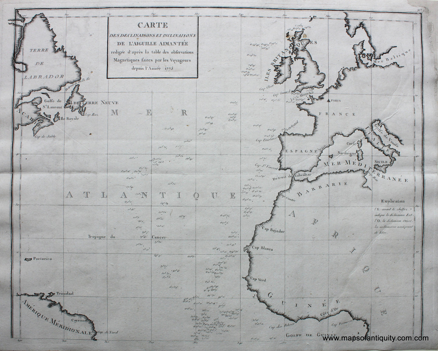 Black-and-White-Engraved-Antique-Map-Carte-des-Declinaisons-et-Inclinaisons-de-L'Aiguille-Aimantee-redigee-de'apres-la-table-des-observations-Magnetiques-faites-par-les-Voyageurs-depuis-l'Annee-1775-World--1775-Buffon-Maps-Of-Antiquity