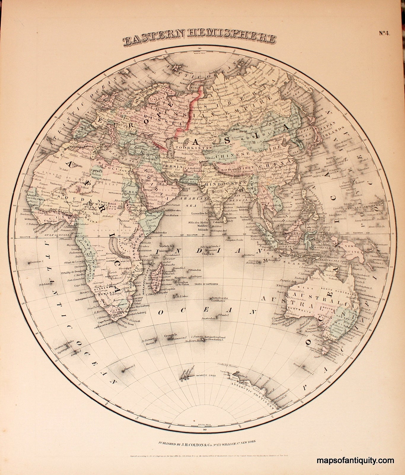 Antique-Hand-Colored-Map-Eastern-Hemisphere-**********-World--1855-Colton-Maps-Of-Antiquity