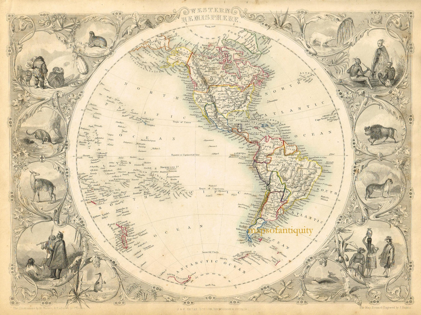 Antique-Hand-Colored-Map-Western-Hemisphere**********-World--1851-Tallis-Maps-Of-Antiquity